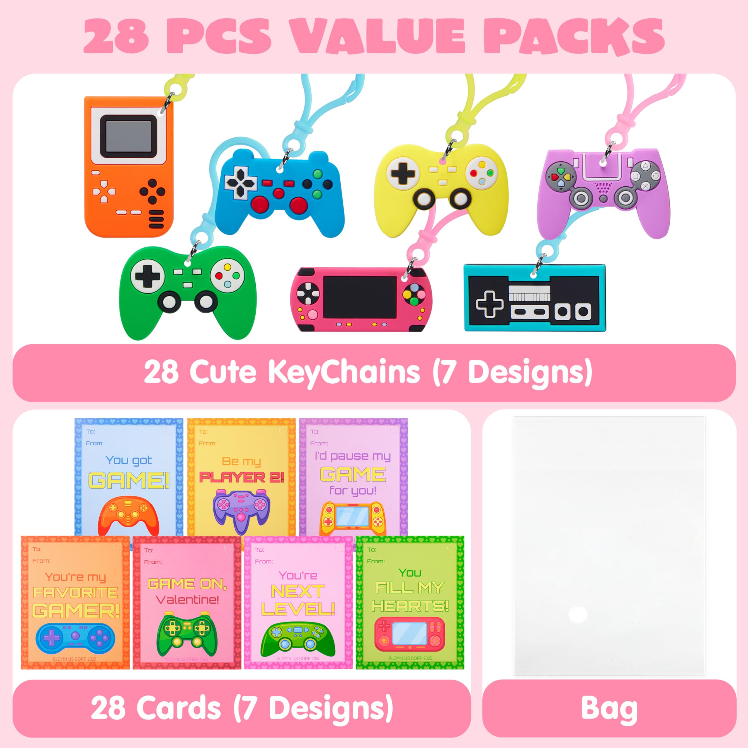 JOYIN 28 Pcs Valentines Day Gift Cards with Video Game Keychains, Multi Colored Keychains & Cards with 7 Designs, Valentine Treat Goodie Bag Stuffers for Kids Classroom School Exchange Prizes