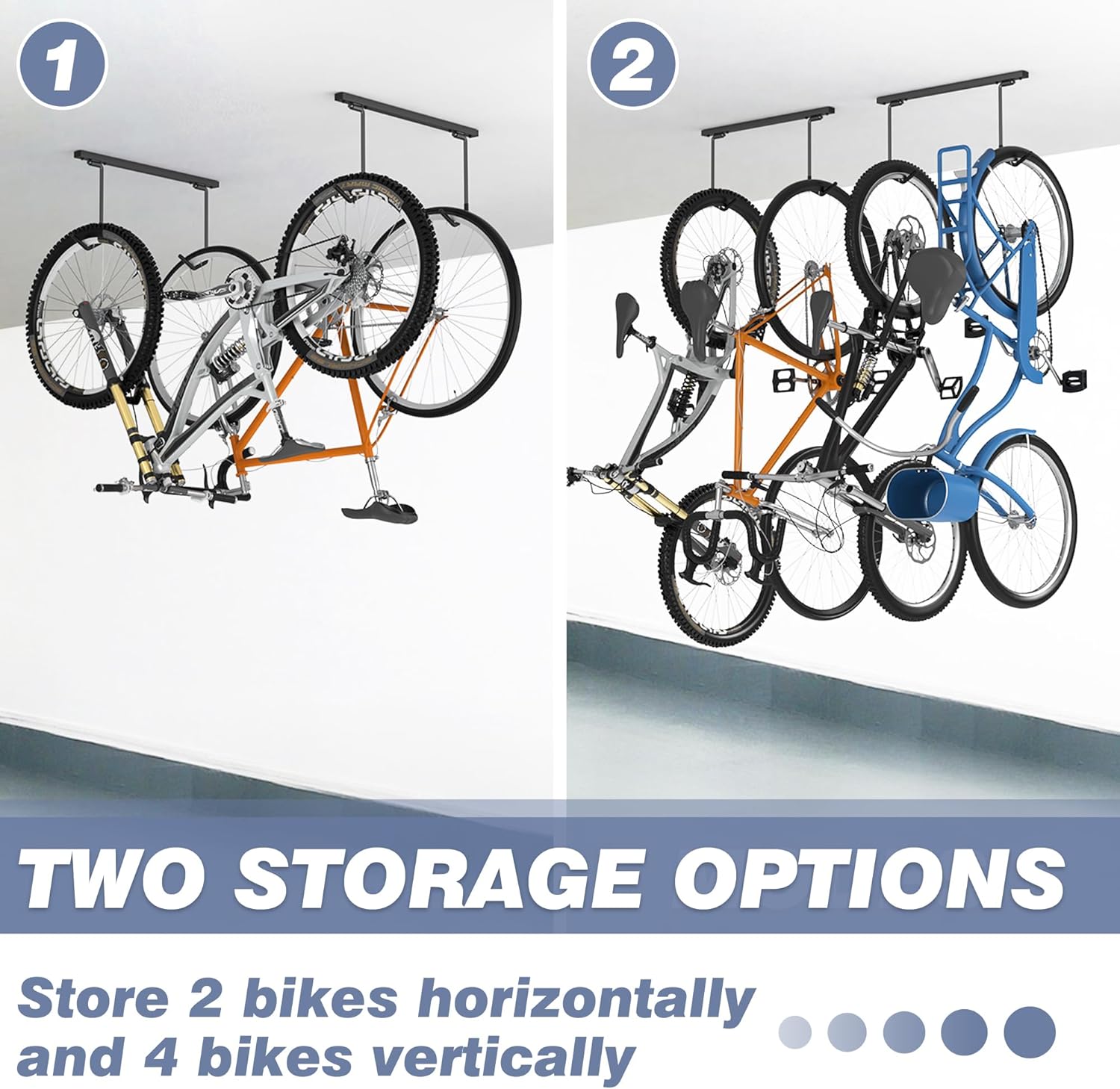 WALMANN Ceiling Mounted Bike Rack - Space-Saving Storage for 2 Horizontal or 4 Vertical Bikes