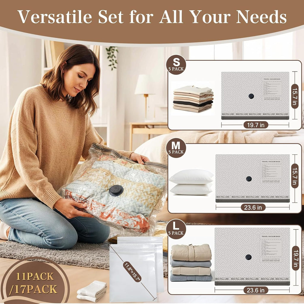 QcoQce Vacuum Storage Bags - Rechargeable Electric Pump Included | Space Saver for Clothing & Bedding