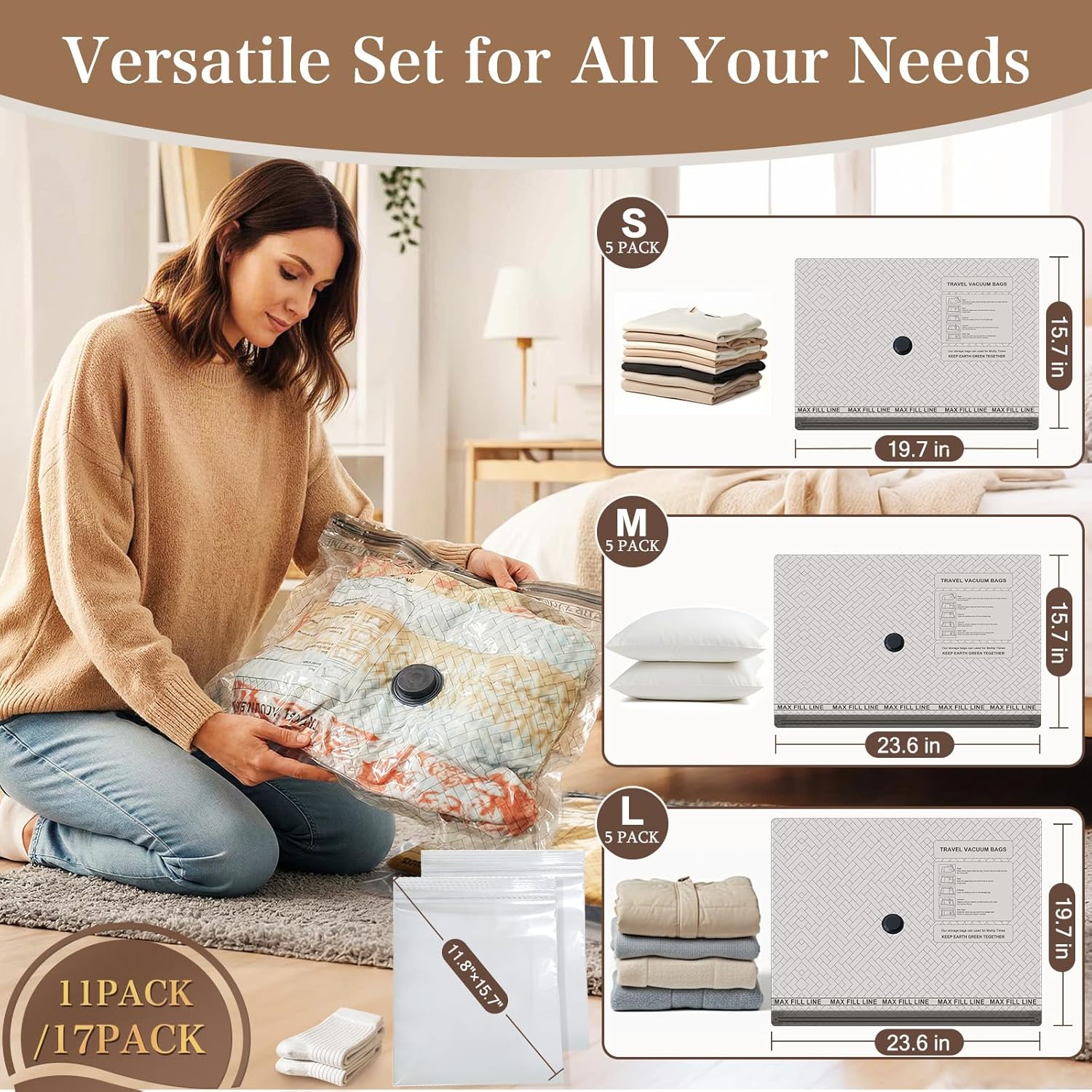 QcoQce Vacuum Storage Bags - Rechargeable Electric Pump Included | Space Saver for Clothing & Bedding