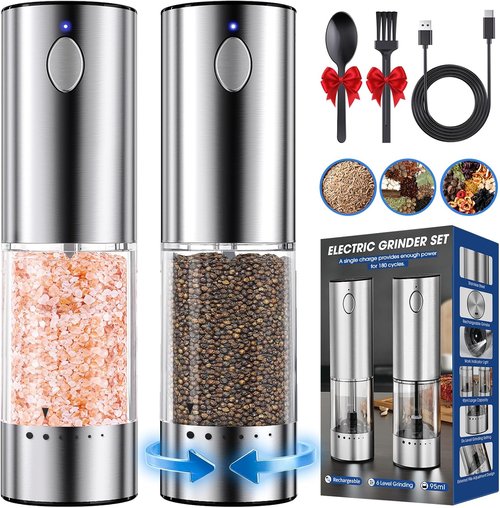 HomeHacks Electric Salt and Pepper Grinder Set - Rechargeable Type-C with LED Light, Stainless Steel, 6 Coarseness Levels, Perfect Valentine's Gift
