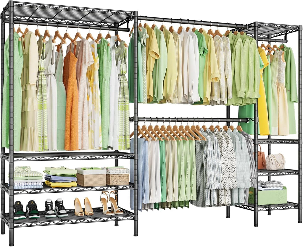 Ulif E11 Heavy-Duty Garment Rack - Metal Freestanding Clothes Organizer with 8 Shelves & 4 Hanger Rods | Black, 71.2" H