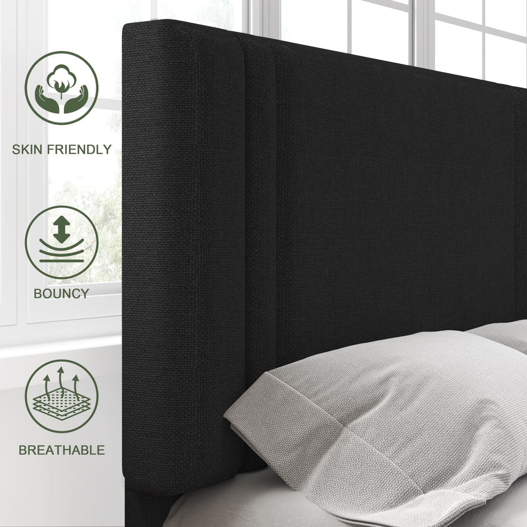 Feonase Twin Platform Bed Frame, Fabric Upholstered Twin Bed Frame, Solid Wood Slats & Heavy Duty Feet Support, No Box Spring Needed, Noise-Free, Easy Assembly, Black