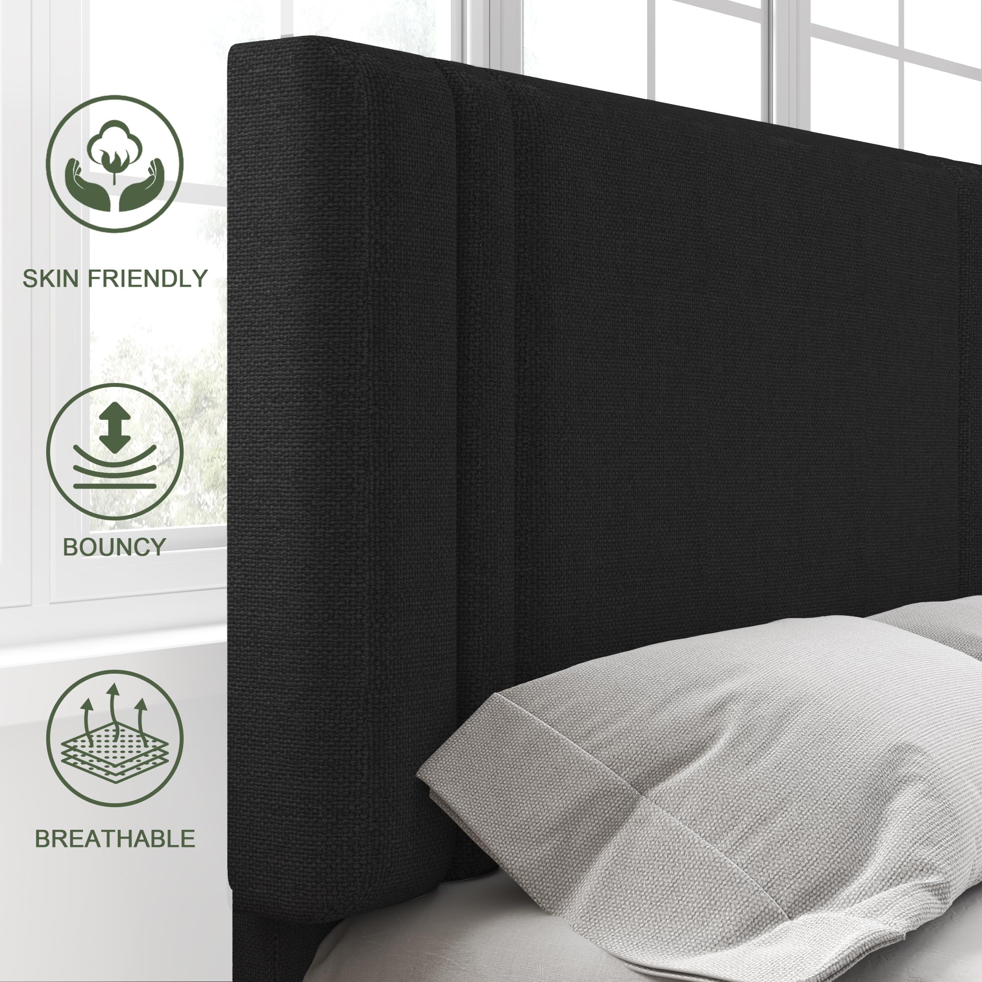 Feonase Twin Platform Bed Frame, Fabric Upholstered Twin Bed Frame, Solid Wood Slats & Heavy Duty Feet Support, No Box Spring Needed, Noise-Free, Easy Assembly, Black