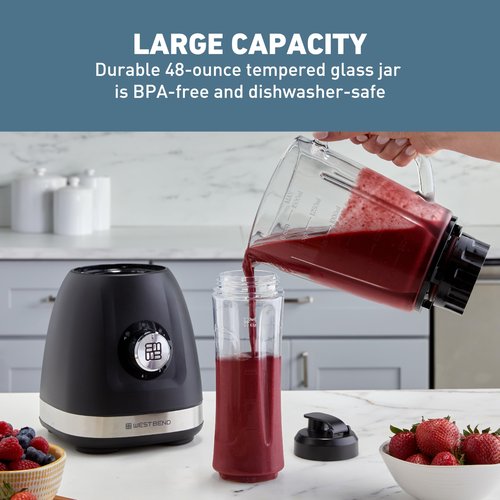 West Bend Blender with 48-Ounce Blending Jar and 20-Ounce Travel Cup, Compact Design with Dial Control, 700-Watts, Black