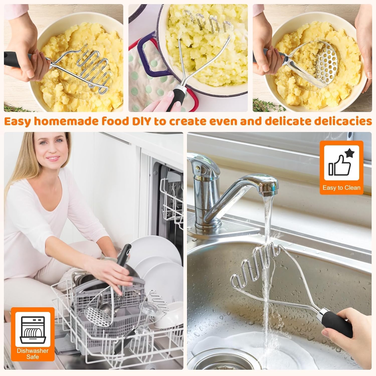 Skiennix Potato Masher Set - 2-Piece Stainless Steel Wire Masher for Perfectly Creamy Potatoes | Black