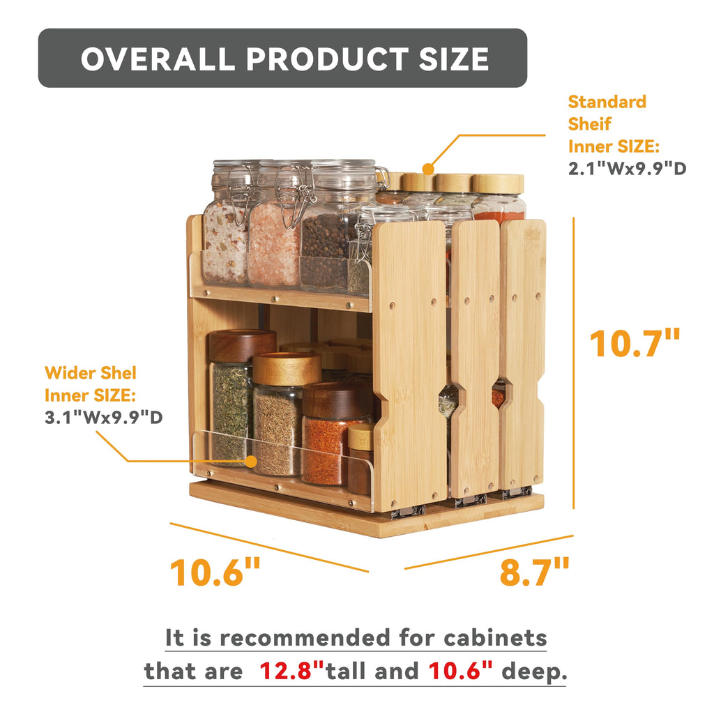 Barlorie Bamboo Pull Out Spice Rack Organizer for Cabinet, 3 Slide-Out Drawers(2"&3") with Wide Drawer for Large Bottles, Kitchen Pantry Heavy-Duty Sliding Vertical Organization, 8.6"W,2-Tier,Natural