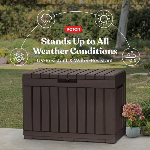 Keter Kentwood 50 Gallon Resin Deck Box - Stylish Storage for Patio Cushions & Garden Tools | Brown