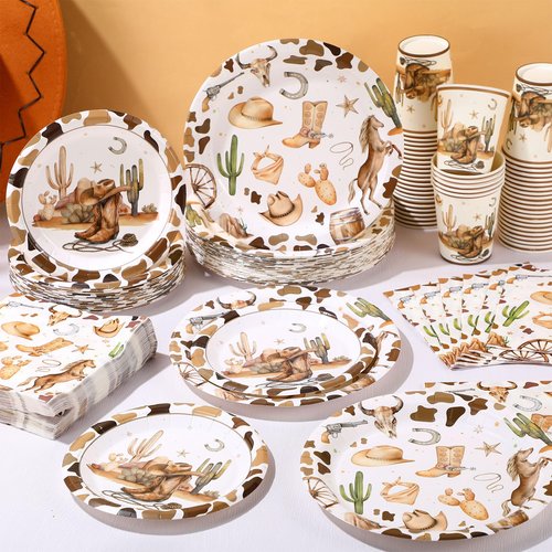 Pickmesh 250 Pcs Western Cowboy Party Decorations Wild West Disposable Tableware Set Cowboy Paper Plates Napkins and Cups for Rodeo Birthday Baby Shower Party Decorations Serve 50