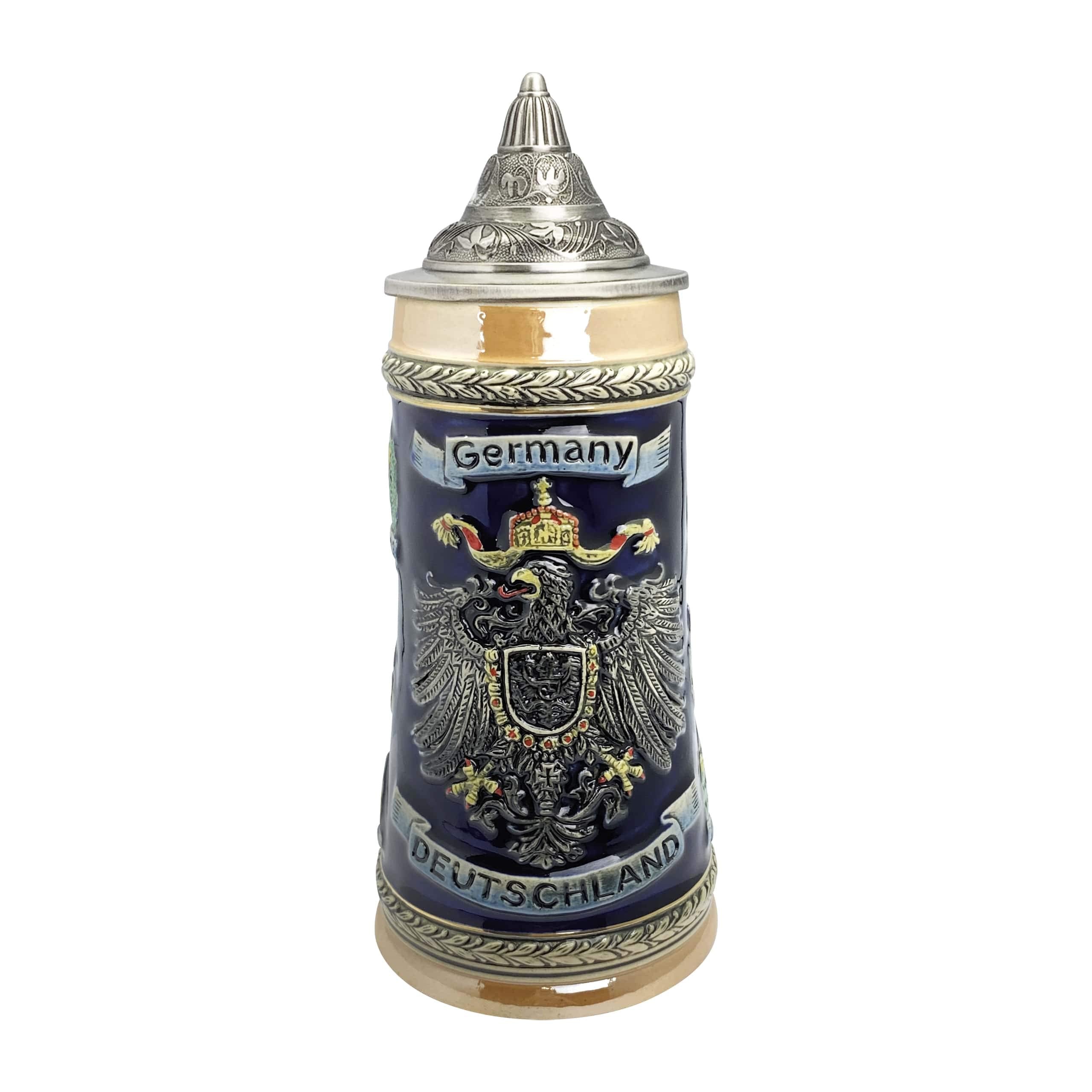 Essence of Europe Gifts 1 L Deutschland German Beer Stein with Lid – German Adler (Eagle) Tankard Hand Painted Engraved Cities Beer Stein Mug - Stein Mug By E.H.G