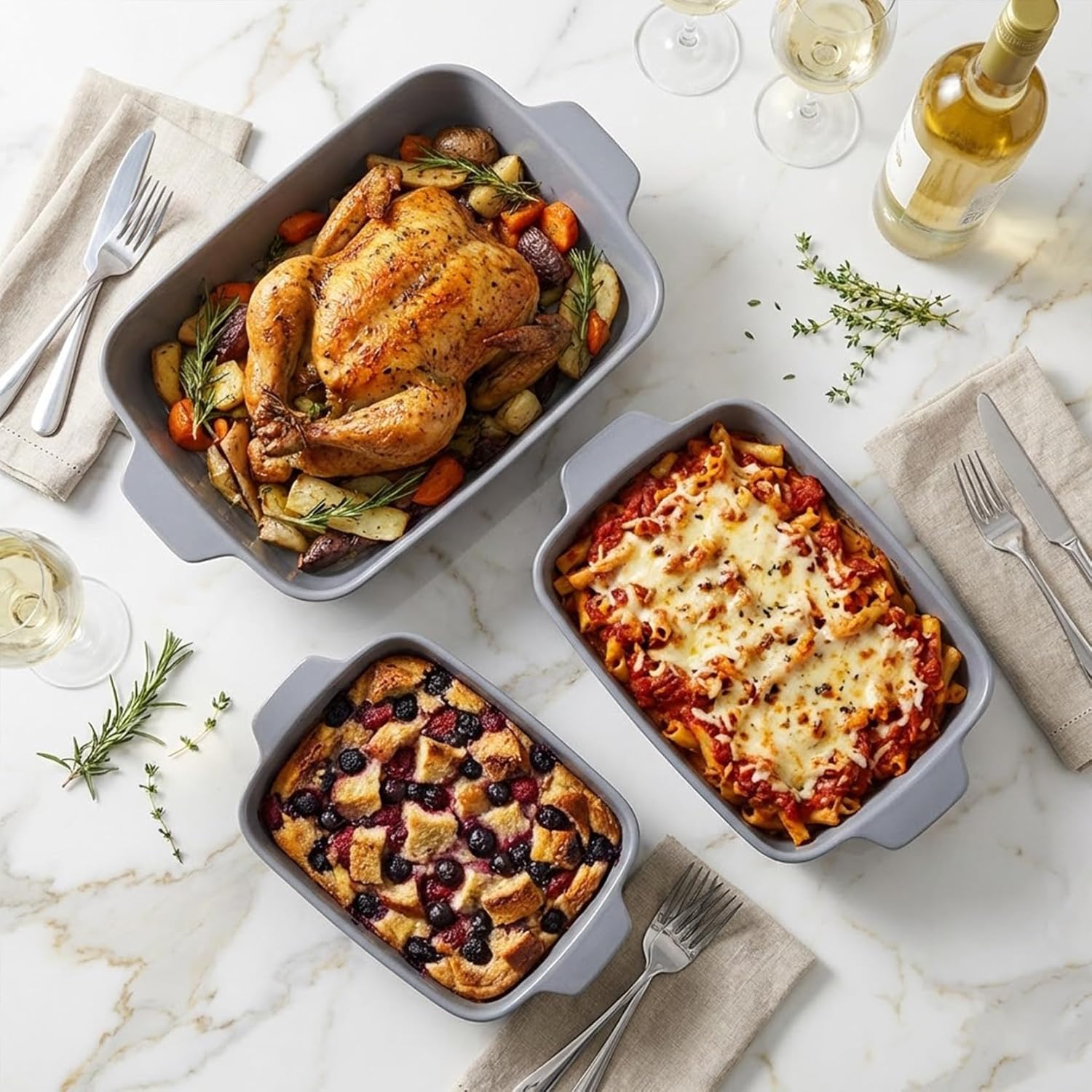 Yachi Ceramic Casserole Dishes Set - 3-Piece Rectangular Bakeware with Handles | Microwave & Dishwasher Safe, Gray (14.8''/12.7''/9.8'')