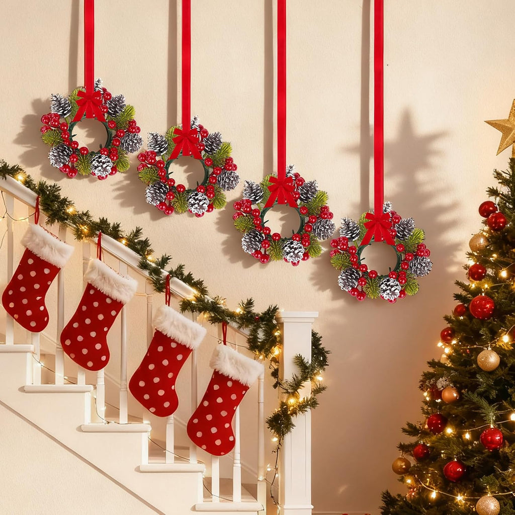 Skiennix Christmas Candle Rings - 6Pcs Artificial Pine Cones & Red Berries for Pillar Holders | Festive Table Centerpiece