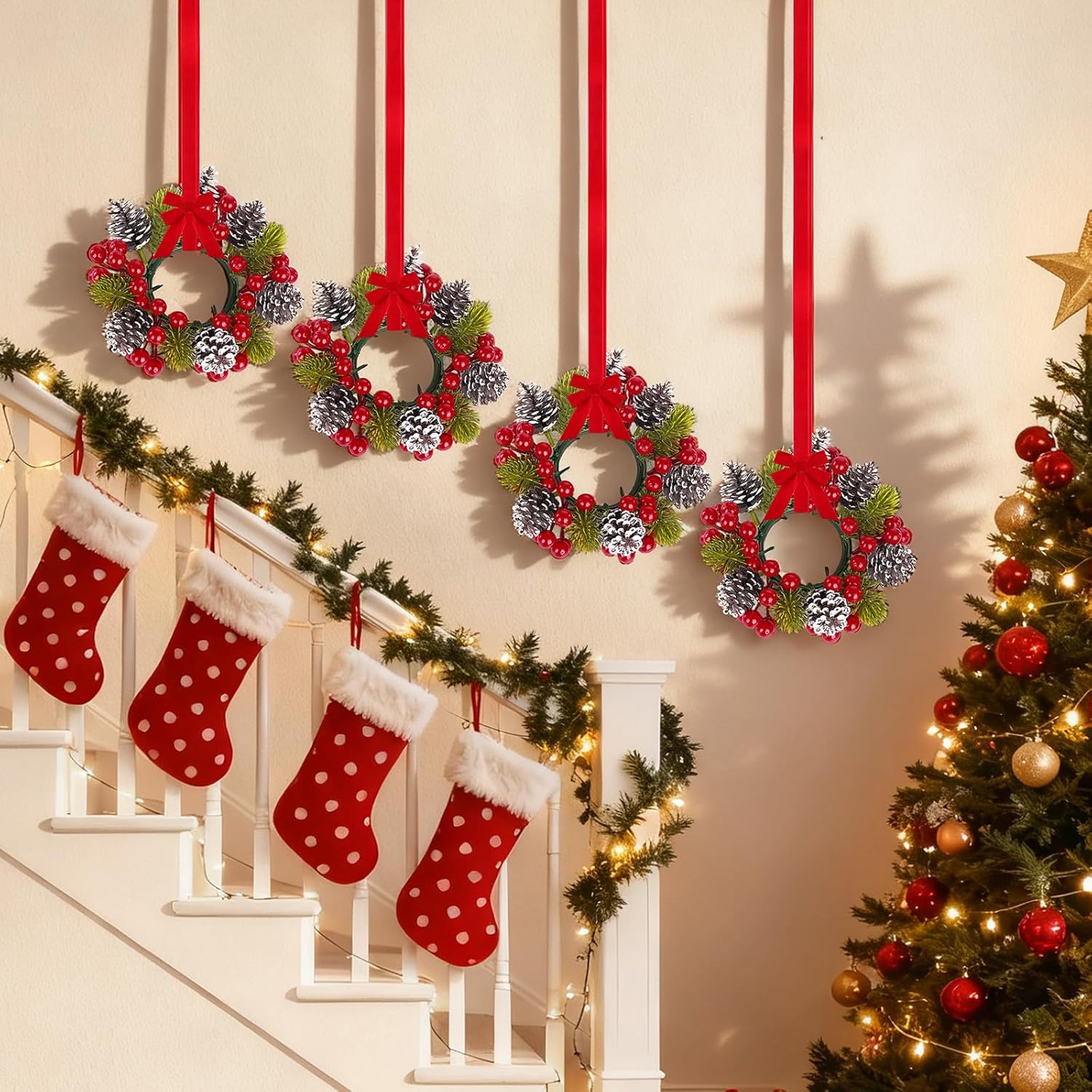 Skiennix Christmas Candle Rings - 6Pcs Artificial Pine Cones & Red Berries for Pillar Holders | Festive Table Centerpiece