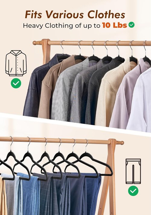 HOUSE DAY Black Velvet Hangers - 50 Pack Non-Slip Felt Closet Essentials, Space-Saving Design