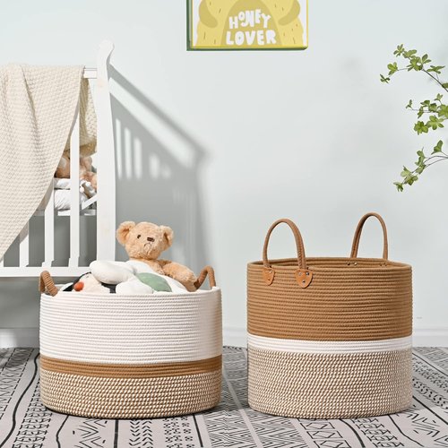 KAKAMAY Large Woven Blanket Basket - Cotton Rope Storage Hamper for Baby Laundry & Toys | White/Brown