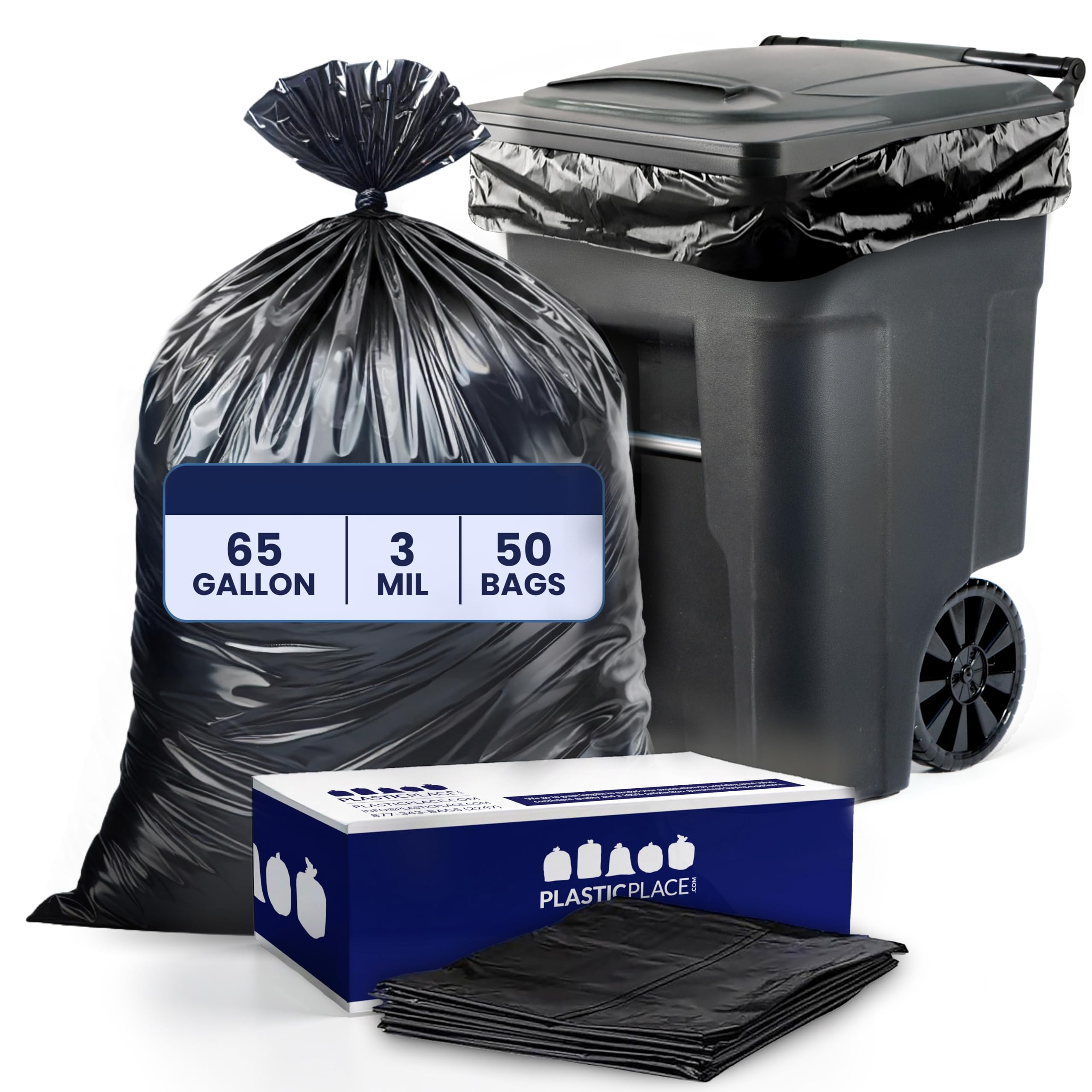 Plasticplace 65 Gallon Trash Bags │ 3.0 Mil │ Black Heavy Duty Garbage Can Liners │ 50” X 48” (50Count)