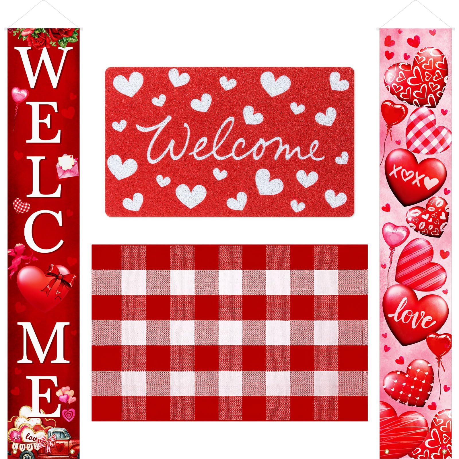 Hahafelt 3 Pcs Valentines Door Mat Front Door Non-Slip Heart Doormat Banner Set Buffalo Plaid Welcome Doormat for Indoor Outdoor Holiday Decoration, Entryway Porch Decor