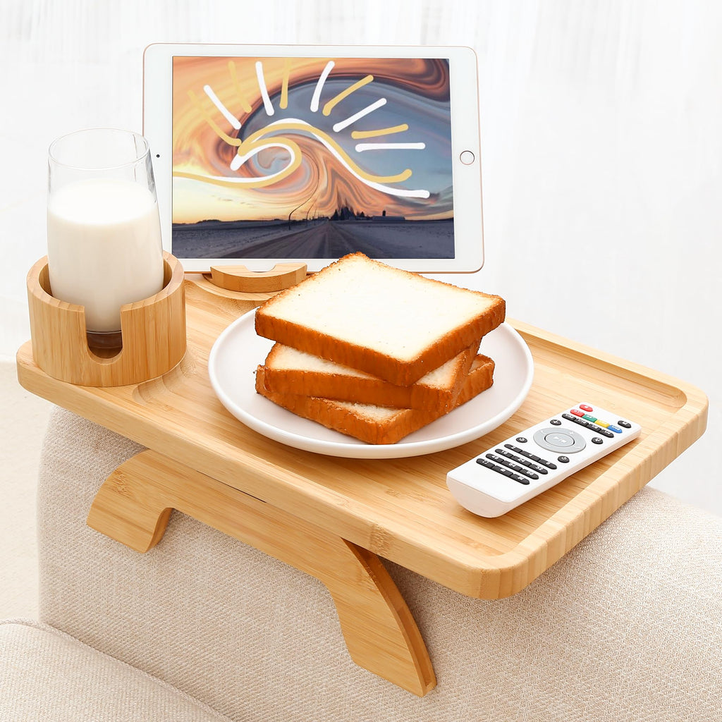 Sofa Arm Tray Linsongmax Large Couch Cup Holder Tray with Rotated Swappable Cup Holder Phone Stand Fit Various Armrest Sofa Side Tables for Living Room,15.36x9.85inch Bamboo Natural