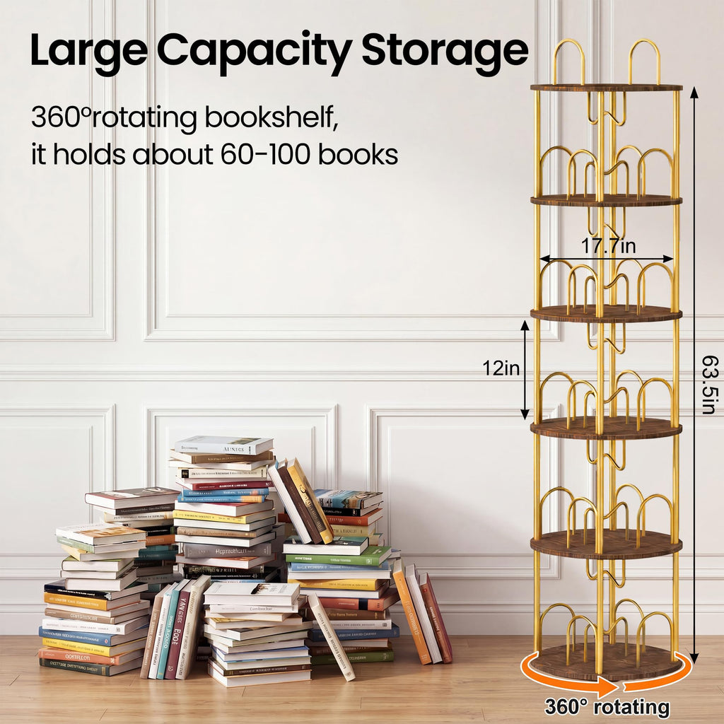 Merkisa 5 Tier Rotating Bookshelf, 360° Spinning Bookshelf Tower, Narrow Corner Book Shelf, Revolving Bookcase Corner Tall Book Shelf for Small Spaces, Bedroom, Living Room, Gold