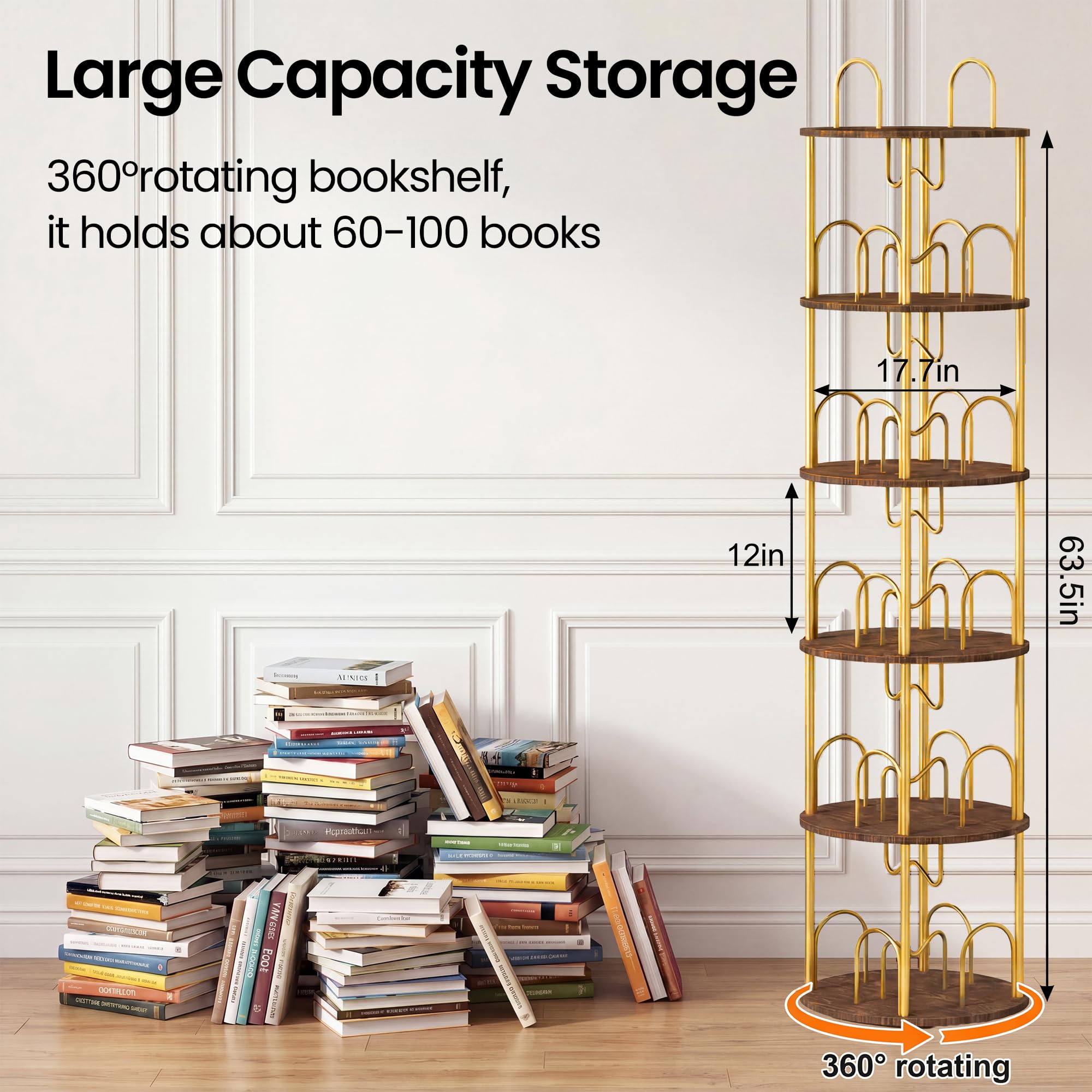 Merkisa 5 Tier Rotating Bookshelf, 360° Spinning Bookshelf Tower, Narrow Corner Book Shelf, Revolving Bookcase Corner Tall Book Shelf for Small Spaces, Bedroom, Living Room, Gold