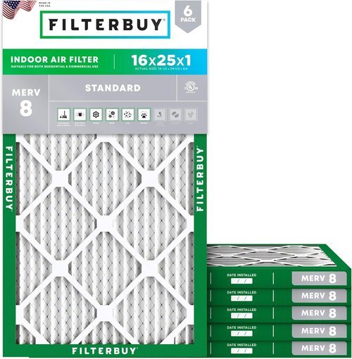 Filterbuy 16x25x1 Air Filter - MERV 8 Essential Dust & Allergy Defense | 6-Pack HVAC Replacement Filters