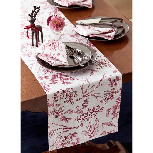 Solino Home 100% Pure Linen Table Runner 90 Inches Long - Red/White Table Runner 14 x 90 Inch - Handcrafted and Machine Washable - Winter Forest Print