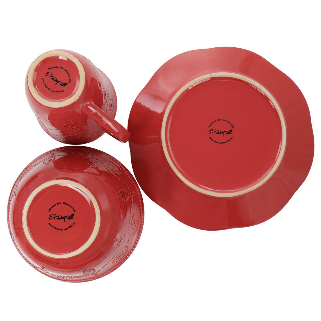Elama Embossed Scalloped Round Stoneware Dinnerware Dish Set, 16 Piece, Red with Brown Accents