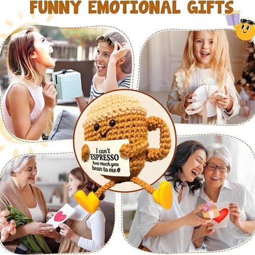 Birthday Gifts for Women,Cute Coffee Mug Desk Decor,Positive Espresso Emotional Crochet Handmade, Funny Happy Christmas Dolls for Women Men Girls Coffee Lover Gifts