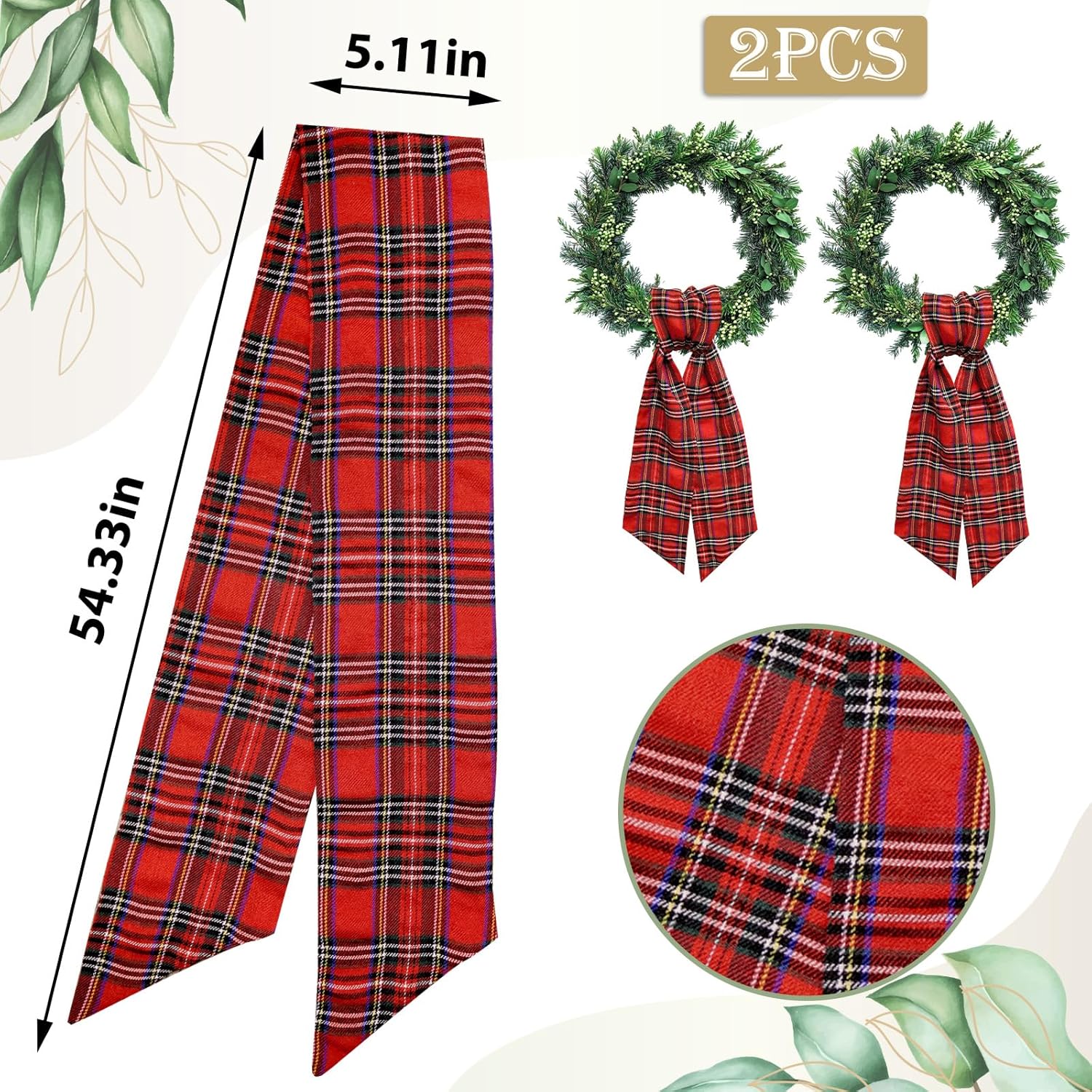 2pcs Christmas Wreath Sash for Front Door Red Buffalo Plaid Wreaths Satin Sash Burlap Garland Ribbon Accessories for Wreath Yard Doorway Indoor Outdoor Bridal Shower Home Decor,5.1 x 54.3
