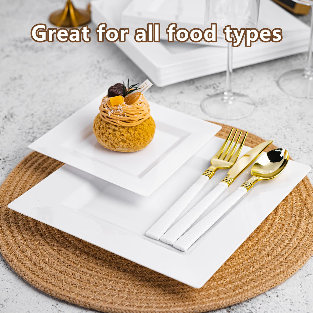Pryntono 100 Pack White Square Plastic Plates, Includes 50 Dinner Plates 9.5" and 50 Dessert Plates 6.5", Heavy Duty Disposable Plates for Wedding, Holiday Party, Birthday, White
