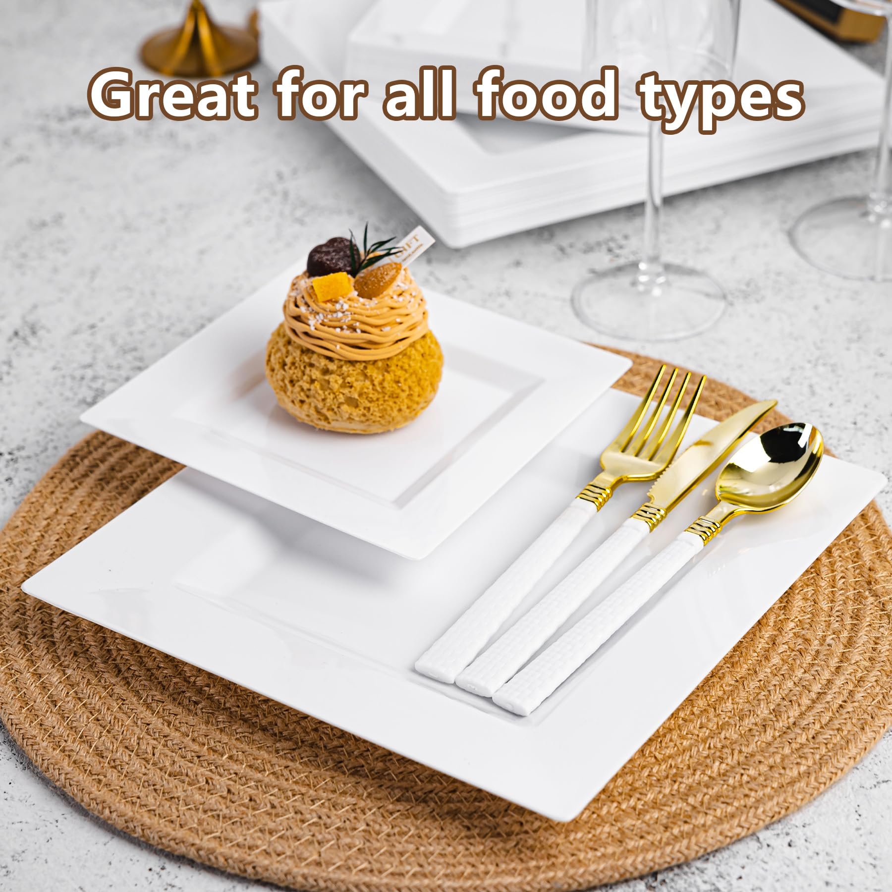 Pryntono 100 Pack White Square Plastic Plates, Includes 50 Dinner Plates 9.5" and 50 Dessert Plates 6.5", Heavy Duty Disposable Plates for Wedding, Holiday Party, Birthday, White