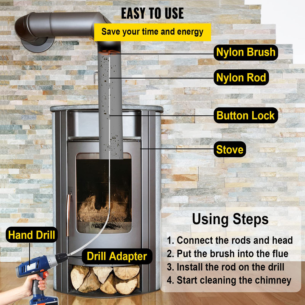 VEVOR Chimney Sweep Kit 26FT - Drill-Powered Brush with 8 Nylon Rods, Flexible Cleaning Tool for Fireplace & Flue