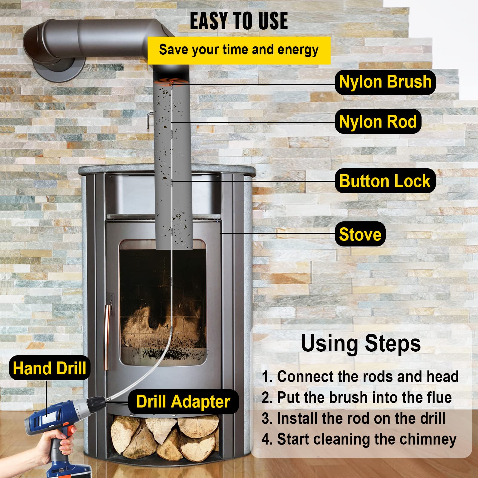 VEVOR Chimney Sweep Kit 26FT - Drill-Powered Brush with 8 Nylon Rods, Flexible Cleaning Tool for Fireplace & Flue