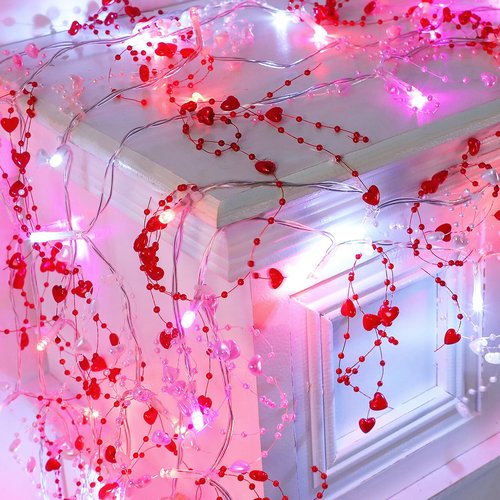 HALOGATE [Timer] Valentine's Day Decor Garland Lights, 10FT 30 LED Light 2 Modes Valentine Heart String Lights Battery Operated, Romantic Decorations for Indoor Outdoor Bedroom Home, Pink Red White