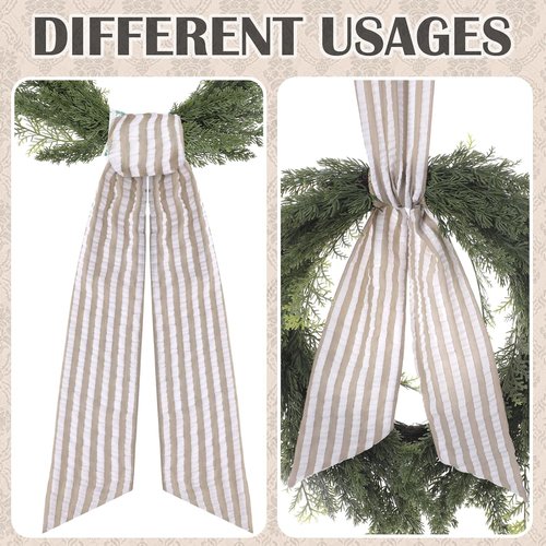 Brown Wreath Sash - 2 Pcs Rustic Seersucker Sashes for Embroidery Monogram Home Decor | 60 Inch Boho Stripe