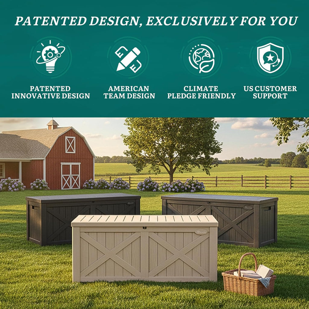 YITAHOME 150 Gallon Outdoor Storage Box - Waterproof Resin Deck Bench for Patio & Garden - Lockable, Taupe