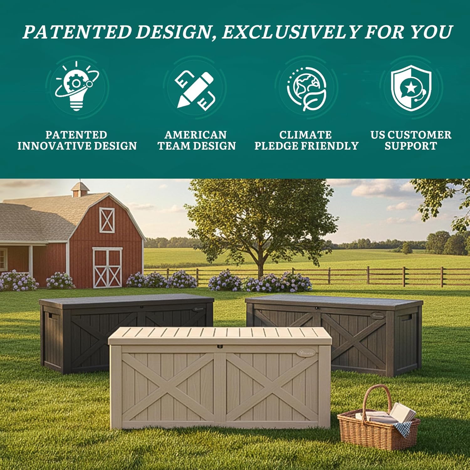 YITAHOME 150 Gallon Outdoor Storage Box - Waterproof Resin Deck Bench for Patio & Garden - Lockable, Taupe
