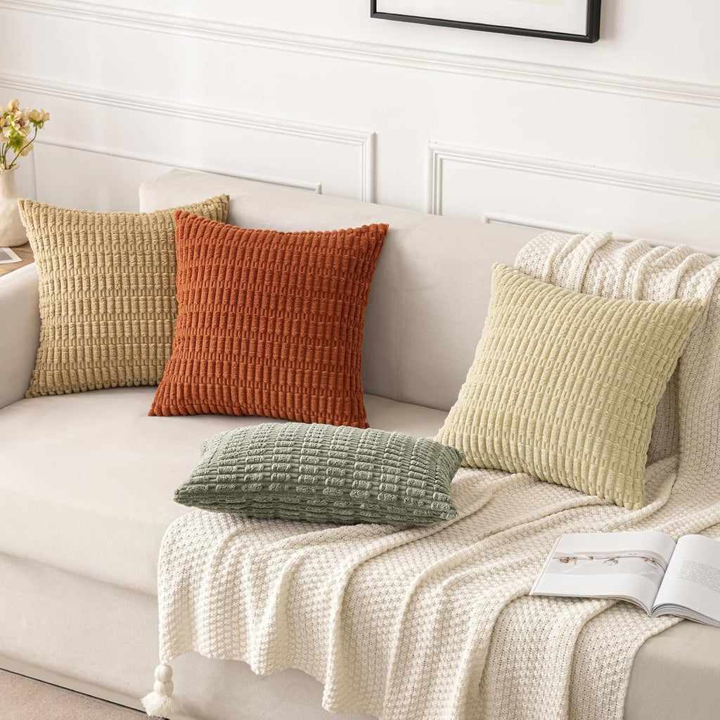 MIULEE Corduroy Throw Pillow Covers - Soft Boho Striped Design | 16x16 Inch Light Olive Green, Set of 2