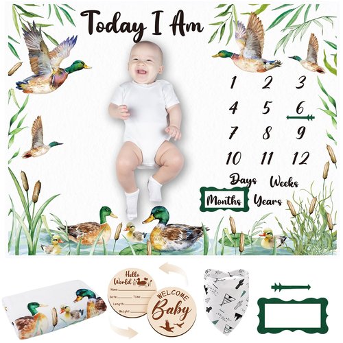 Guiqulai Mallard Duck Monthly Milestone Blanket for Baby Boy Flannel Newborn Infant Swaddle Growth Chart Photography Background with Baby Birth Signs, Felt Frames, Bibs