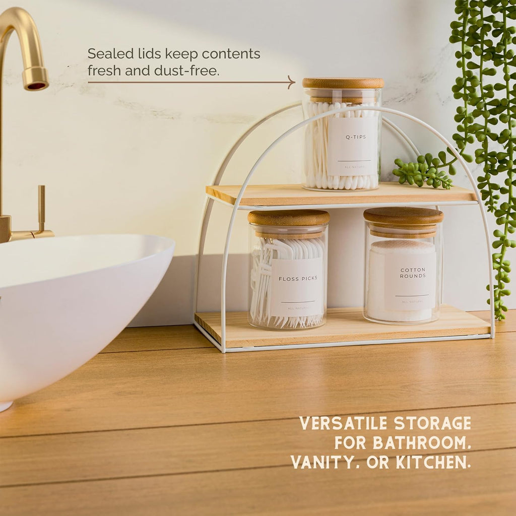 Vase and Vessel Mini Glass Apothecary Jars - Bamboo Lids for Bathroom & Kitchen Storage | 10 oz, Set of 3