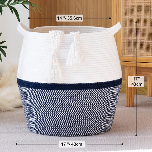 KAKAMAY Woven Baskets for Storage(17"x17"),Large Cotton Rope Basket Woven Baby Laundry Hamper,Collapsible Laundry Basket, Blanket Basket for Living Room,Nursery,Clothes, Toy chest(Navy Blue)