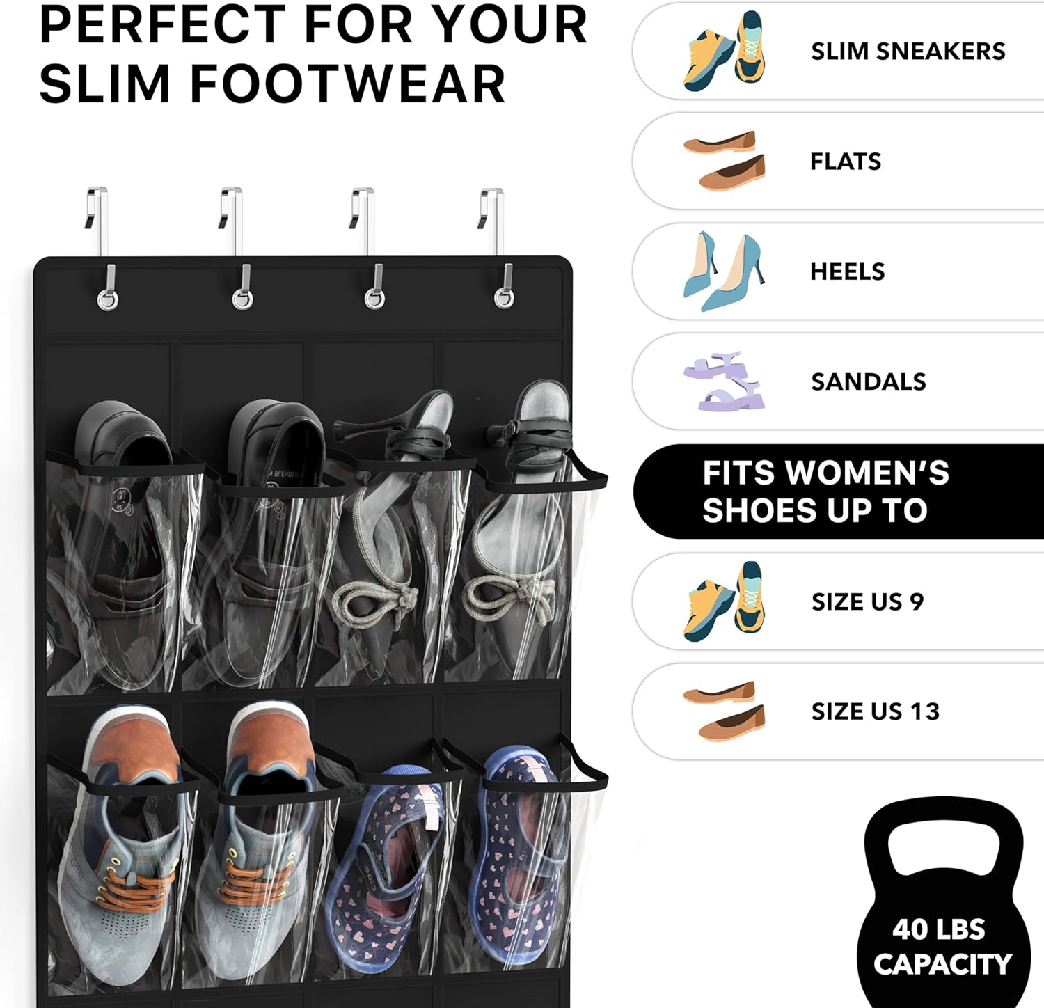 Simple Houseware 24 Pockets Over The Door Hanging Shoe Organizer - Crystal Clear, Black (64'' x 19'')