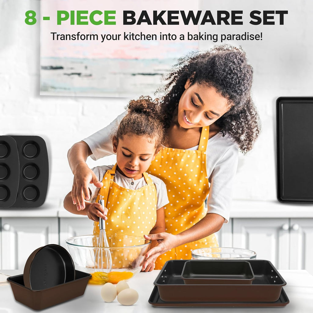 NutriChef 8-Piece Nonstick Bakeware Set - Non-Toxic Carbon Steel Trays for Easy Baking & Cleanup - Brown