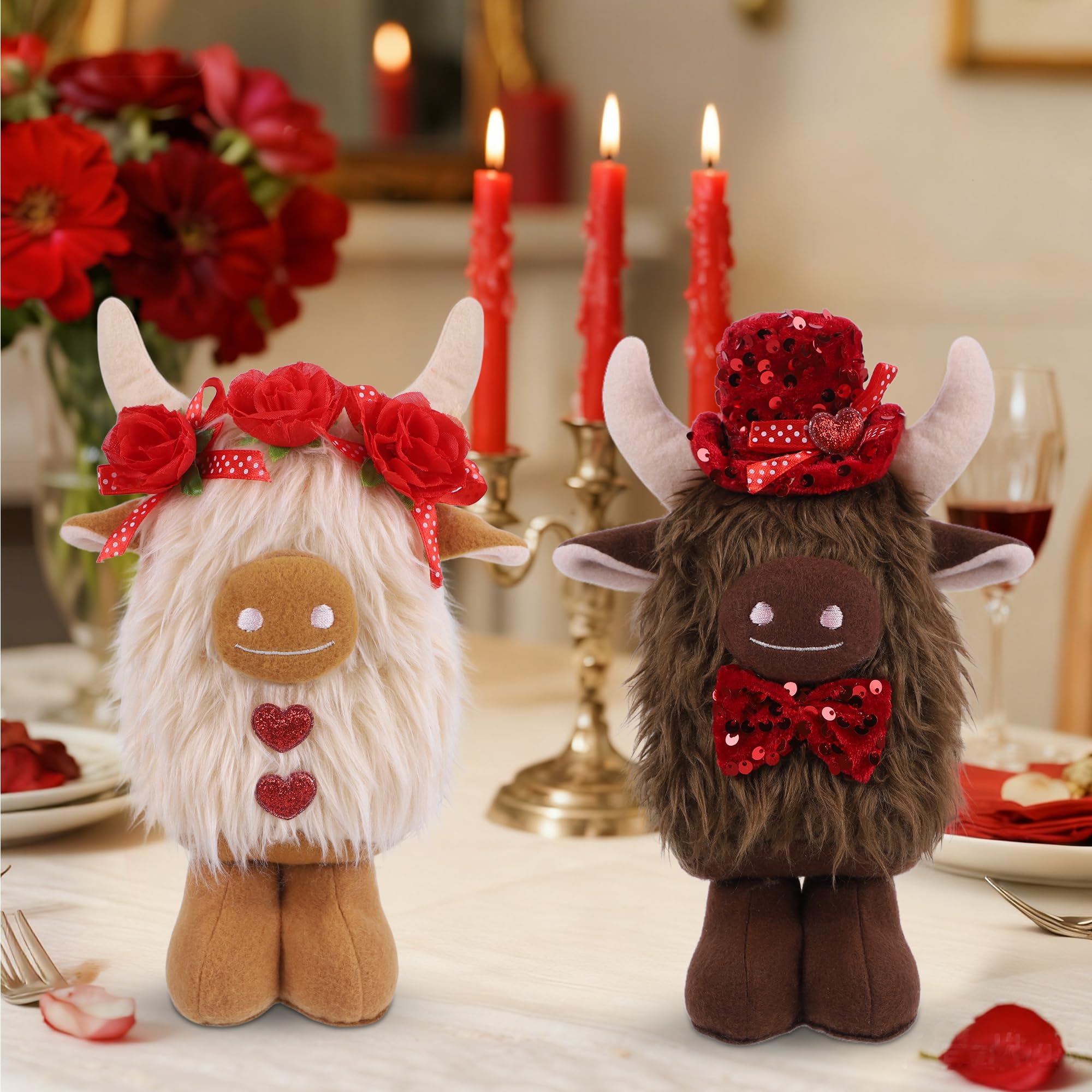 YOFIT 2 Pack Valentines Decorations for Home- Highland Cow Plush with Rose& Heart, Cute Valentine Day Desk & Shelf Display, Romantic Indoor Decor, Valentines Gift for Her/Him