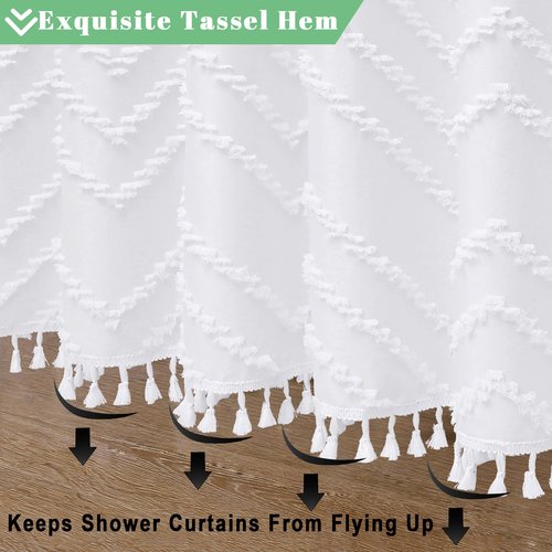 OWENIE Boho Shower Curtain, White Fabric Cloth Shower Curtains Farmhouse Tufted Chevron Striped Textured with Tassel for Bathroom, Soft Hotel Style Modern Minimalist, Machine Washable, 72x72, White