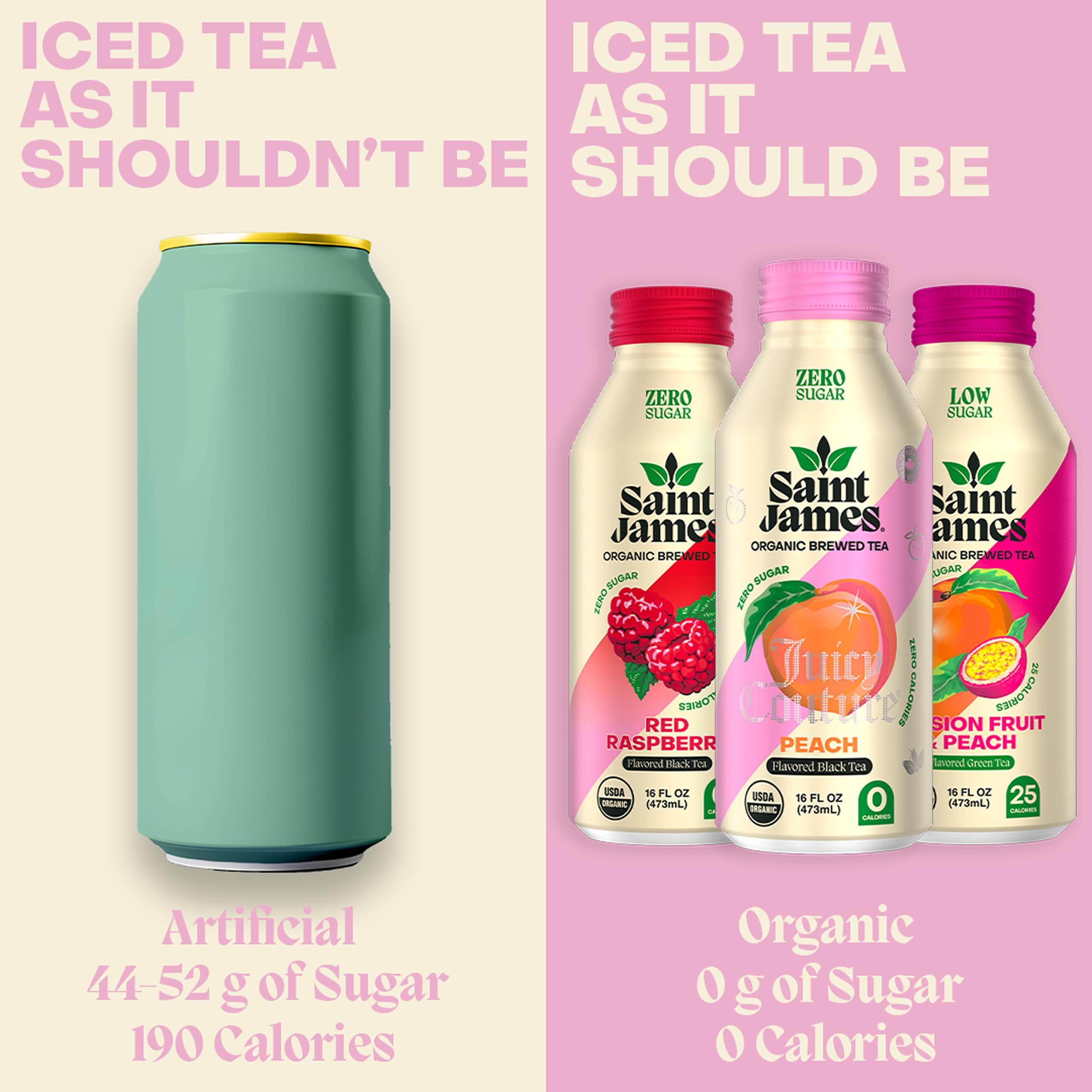 Saint James Iced Tea - Organic Black & Green Tea - Non GMO, Gluten Free, Low Calorie & Low Sugar - Party Variety Pack, 12 Pack (16 fl oz each)