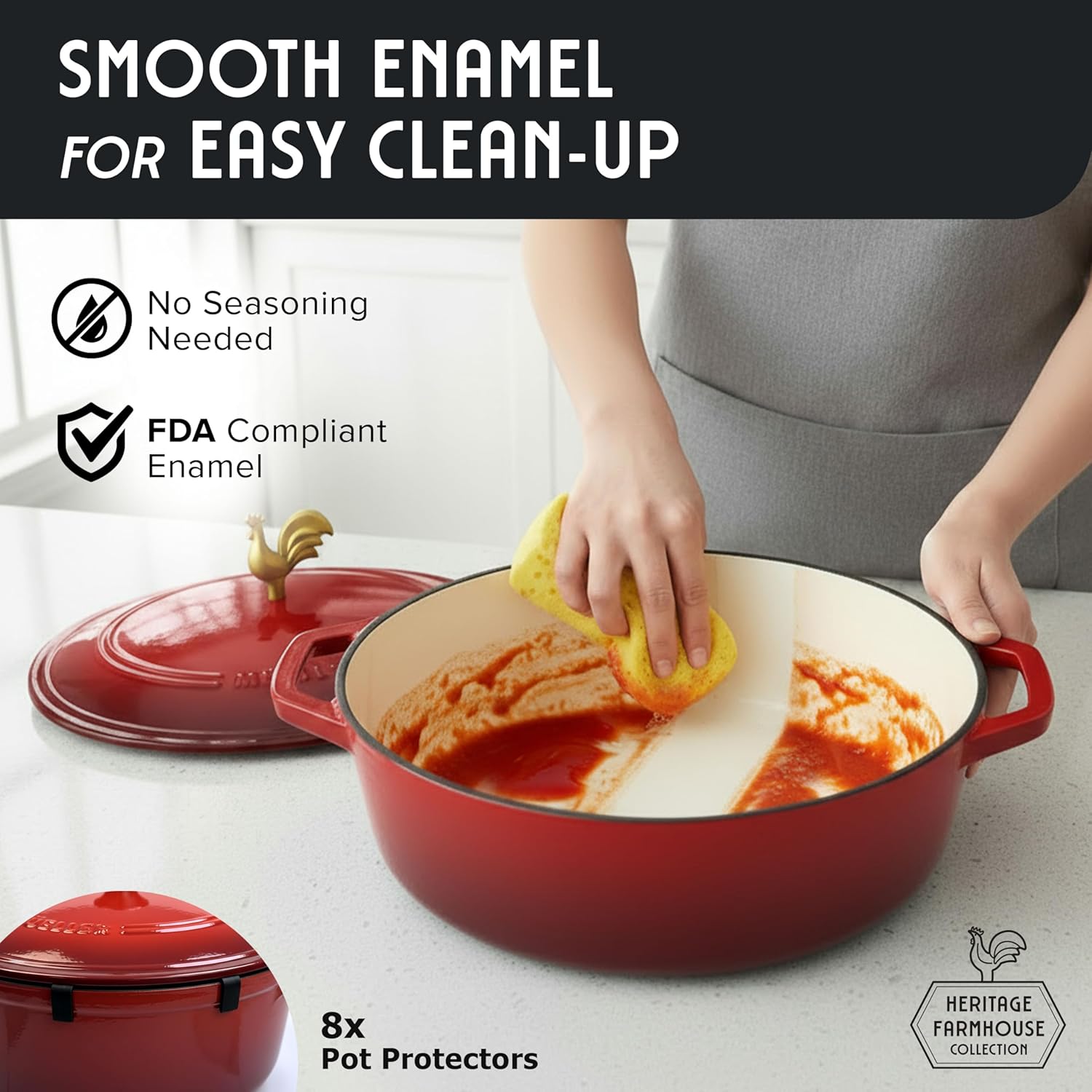 MUELLER HOME Enameled Cast Iron Dutch Oven - 5.5 Quart with Rooster Knob & Potholders, Oven-Safe to 500°F, Red