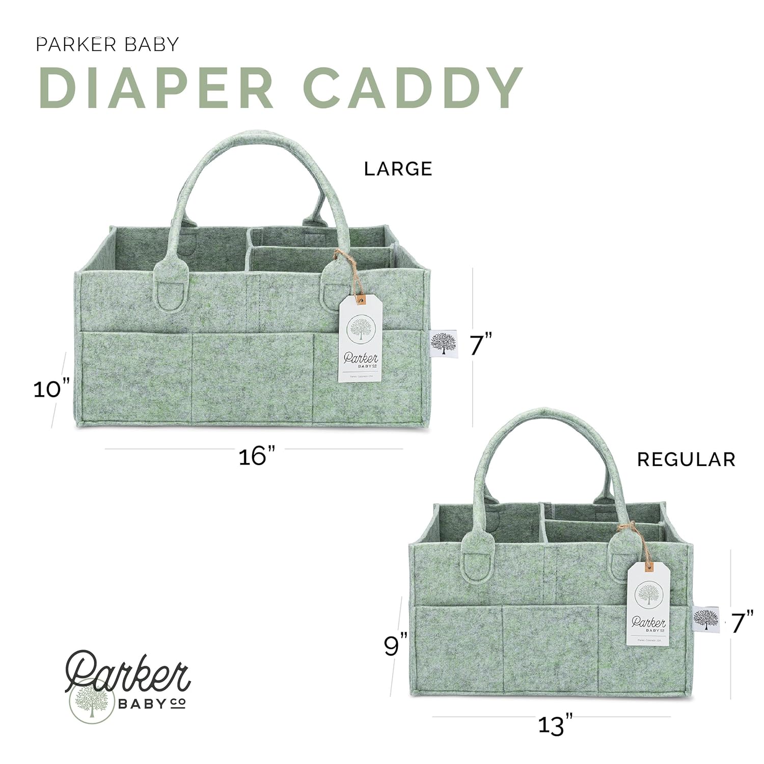 Parker Baby Diaper Caddy - Large Nursery Storage Bin & Car Organizer for Diapers & Wipes - Sage Green