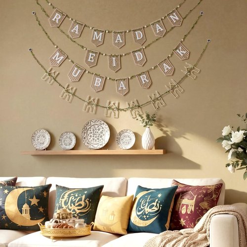 Marsui 4 Pcs Ramadan Eid Mubarak Wood Bead Garland Eid Mubarak Ramadan Hanging Banner Garland Farmhouse Wooden Rustic Neutral Hanging Decor for Party Fireplace Home Wall Sign Decoration