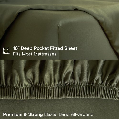 DOZ Sheet Set, 100% Viscose derived from Bamboo, Organically Grown, Buttery Soft, Cooling Sheets, High GSM, Deep Pockets - 3 Piece - 2 Pillowcases 1 Fitted Sheet (Olive, Queen)